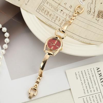 Fusion Finds Luxury Women's Bracelet Watch With Round Dial Elegant Ladies Quartz Watch Metal Dress Wristwatch gold red Dial