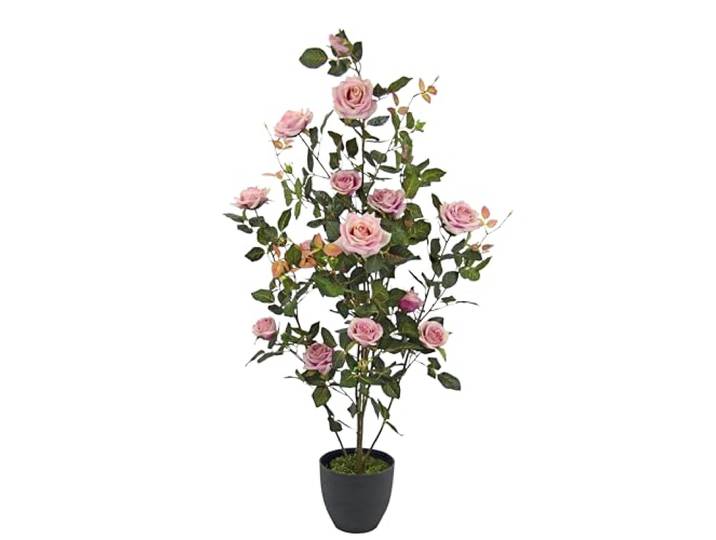 Künstlicher Rosenbusch im Topf 115 cm – Große Kunstpflanze mit Rosa Rosenblüten – Edler Kunst Rosenstrauch für Wohnzimmer, Flur, Büro, Balkon & Terrasse – Pflegeleichte Deko Pflanze im Landhausstil