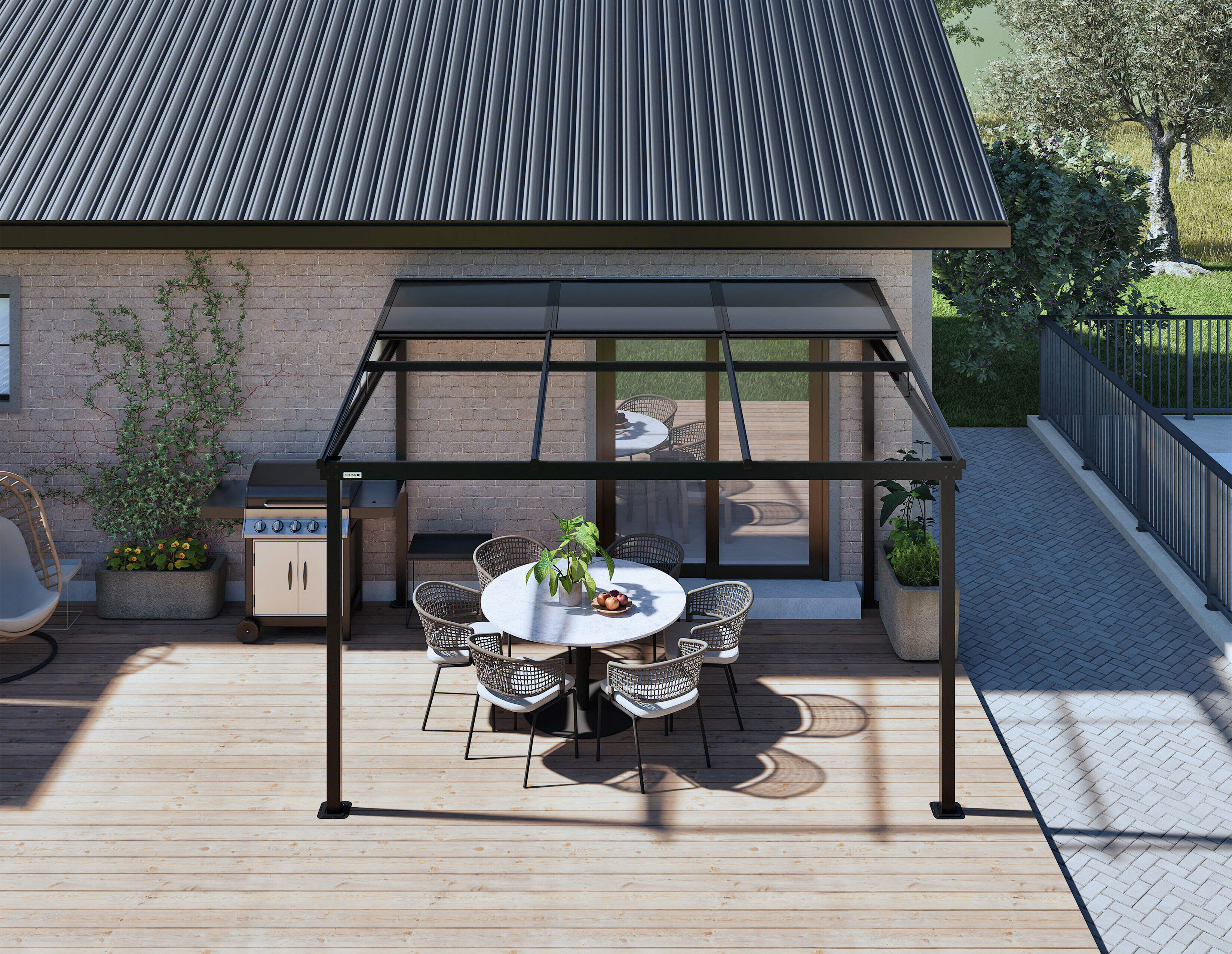 Terrassendach SOJAG "Terrassenüberdachung Budavar Schwarz", schwarz, B:367cm T:299cm, Aluminium, Terrassenüberdachungen, Terrassendach, Inkl. Moskitonetzen & Vorhängen