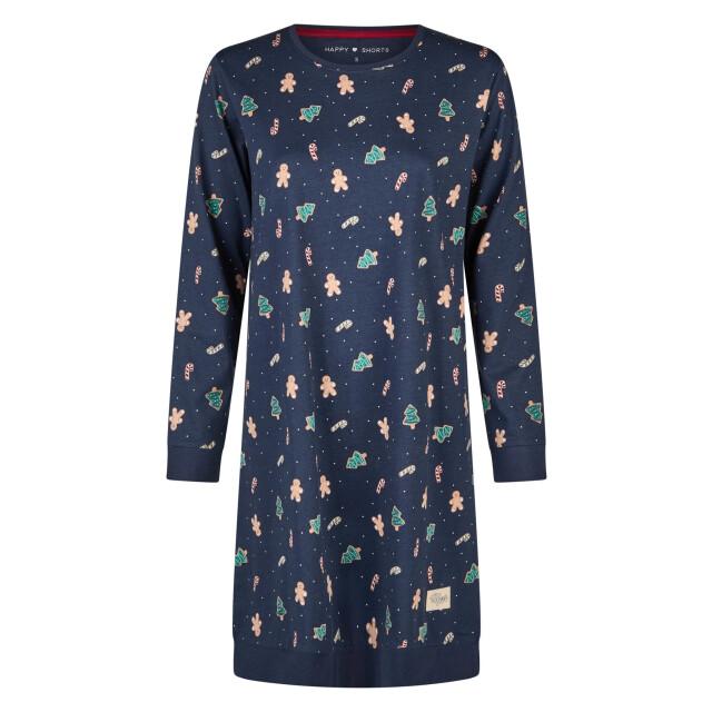 Happy Shorts Dames kerst nachthemd lange mouw donkerblauw gingerbread