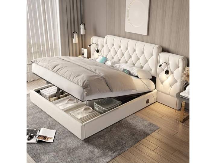Polsterbett 180x200cm mit Hydraulischem Stauraum, USB Anschluss Leselampen Samt Doppelbett mit Verlängertem Kopfteil, Beige, Ohne Matratze