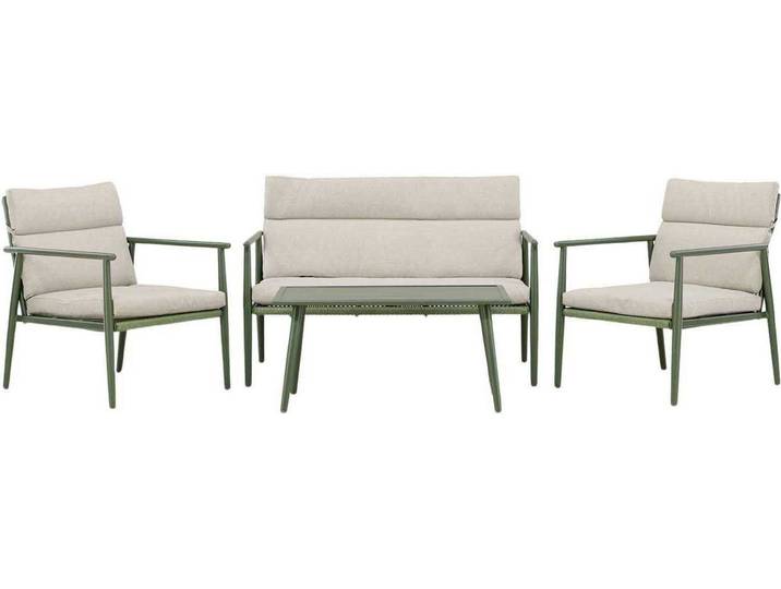 Mazzarosalon 1 canapé\, 2 fauteuils\, 1 table basse verte.