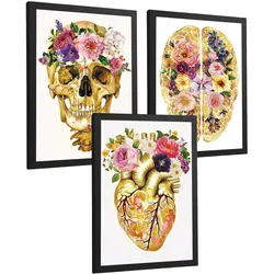 POSTER Set aus 3 Anatomie Mensch Drucke und mit Schädel Gehirn und Herz Goldene Florale Künstlerische Illustration Größe Schwarzer Rahmen A4