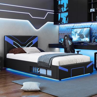 GREATPLANINC Twin Size Platform Bed Gaming Bed with LED Lights Storage Shelf 2 Steel Drawers