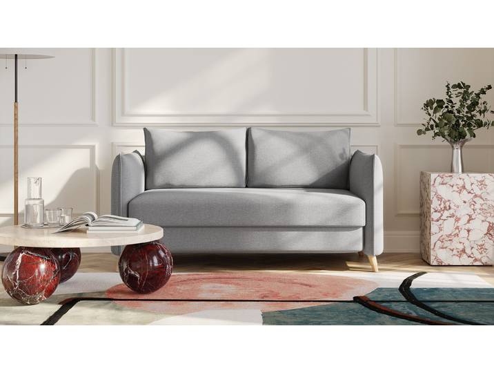 BRUNO Schlafsofa 140cm in Hellgrau Pillow stabiles Massivholz & Boxspringkomfort