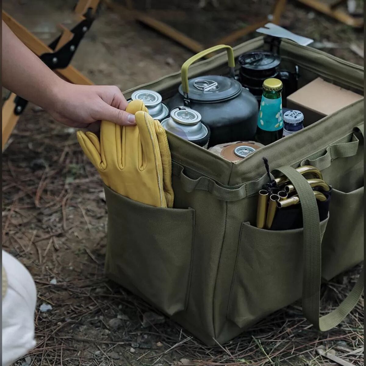 INF Faltbare Outdoor-Werkzeugkiste aus Oxford-Stoff mit wasserdichter Beschichtung, hoher Tragfähigkeit und mehreren Khaki