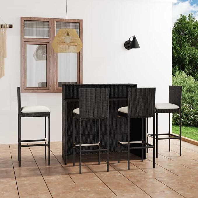 Garten Bar Set Sitzgruppe Rattan Bar Tresen Theke Tisch Barset Garten Tisch Outdoor Gartenmöbel Set mit Kissen Schwarz-1741