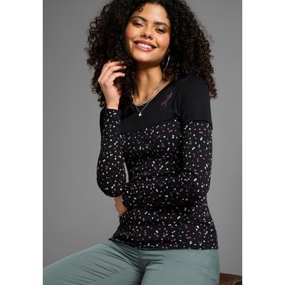 2-in-1-Langarmshirt KANGAROOS, Damen, Gr. 44/46, schwarz, Obermaterial: 100% Baumwolle, bedruckt, gemustert, kontrastfarbene Details, figurbetont, Shirts, Langarm, bedruckt und gemustert, für die Freizeit, aus Baumwolle, Topseller