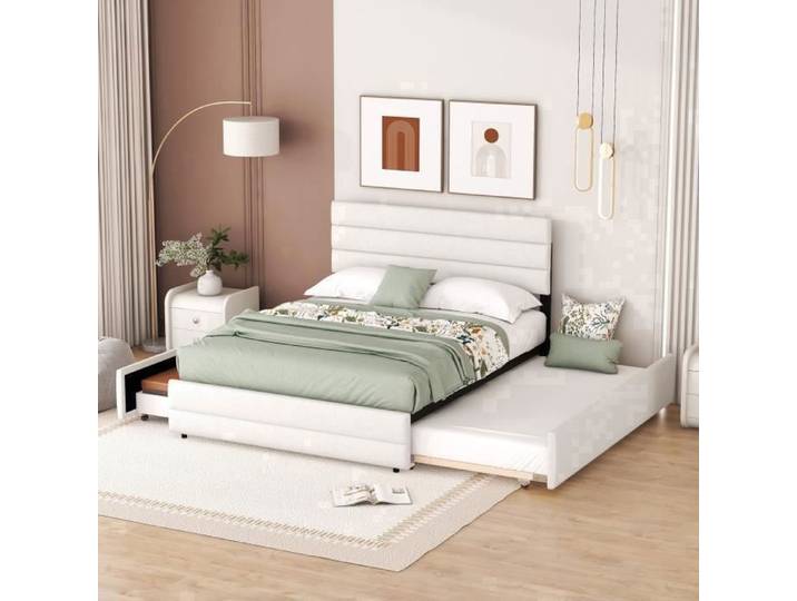 Lit Double Adulte 140x200cm avec Tiroirs de Rangement - JAERLIUB - Beige - Contemporain - Design