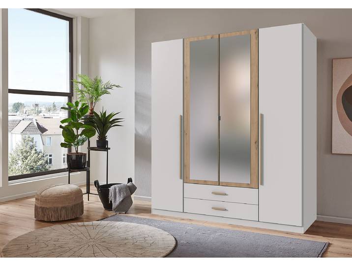Drehtürenschrank Marburg 180cm Weiß/Weiß/Eiche Artisan Dekor