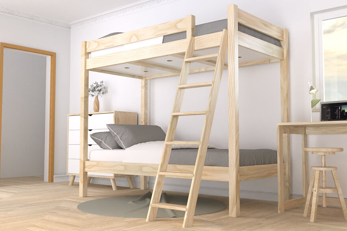 ABC MEUBLES Etagenbett 2 Plätze 80x200 geneigte Skala Holz ABC - Roh (ohne Lack)