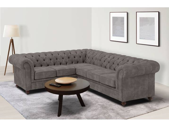 Chesterfield Ecksofa, Luxus-Microfaser & Italienisches Rindsleder, Dunkelbraun, 250×210 cm, Klassisch, Home-affaire