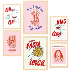 POSTER Set Mit 6 Von Lebensmitteln & Essen Im Pop Art In Rosatönen A3 & A4 Rahmen Aus Hellem Holz