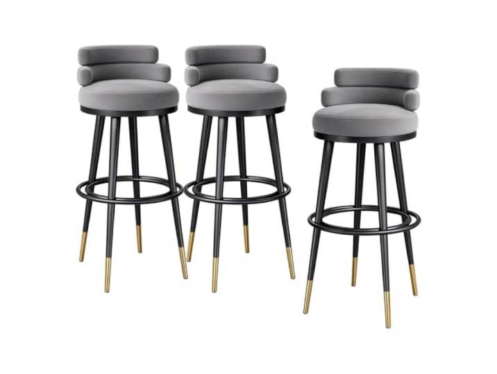 Guyifuny Barhocker Samtbezug 3er Set Niedrige Rückenlehne Fußstütze Samtbezug gepolstert, Schaum hochdicht, niedrige Rückenlehne für Komfort, Metallgestell mit Fußstütze(Grey,29.5in)
