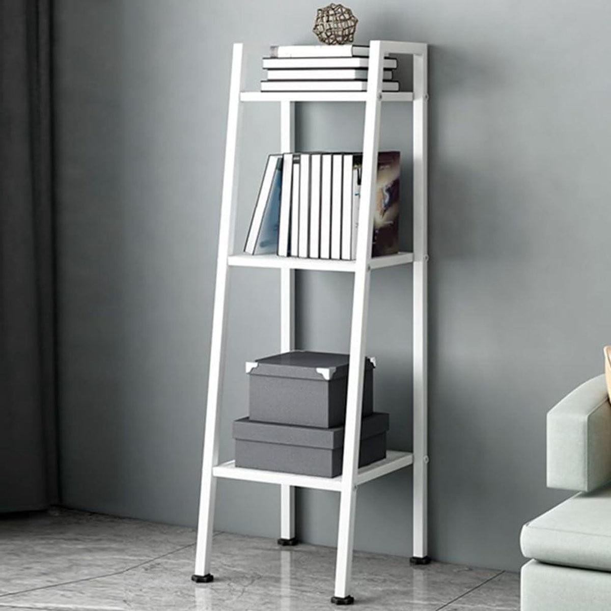 Metalen Ladder Boekenkast Wit - Rechthoekig Opbergrek voor Woonkamer, Slaapkamer of Kantoor