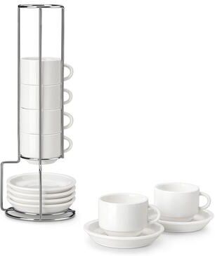 MALACASA Stackable Porcelain Cup Set, 6-Piece with Silver Metal Rack