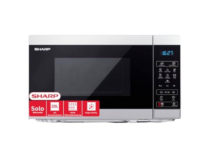 Sharp Mikrowelle YC-MS02E-S 20L, Silber/Schwarz, 800W Mikrowellenleistung, Voll-digitale Steuerung, 11 Stufen, 8 Automatikprogramme, Kindersicherung, ECO-Modus