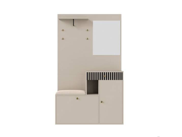 Meuble d'entrée - MDF - miroir - banc rembourré - porte-manteaux - beige