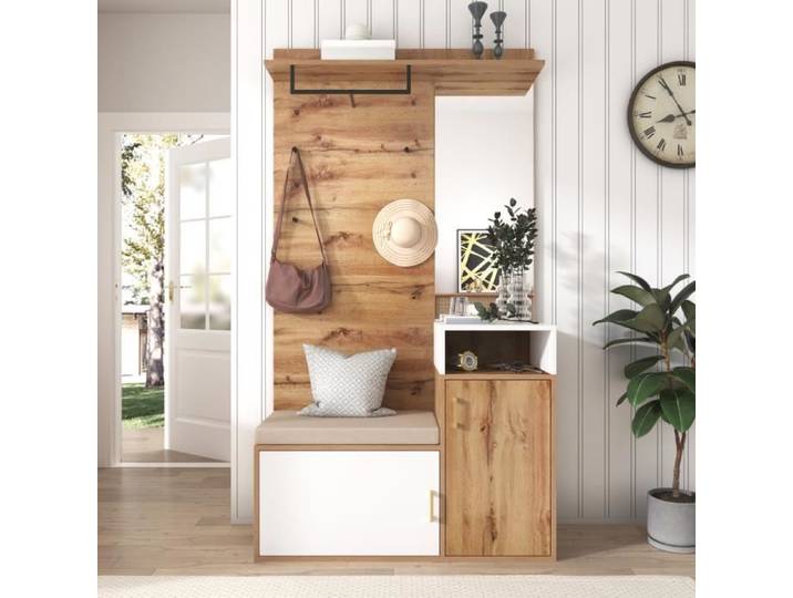 Ensemble vestiaire - DREAMMESPACE - Miroir 4 patères - 104x38 5x190cm - Bois et blanc - Contemporain