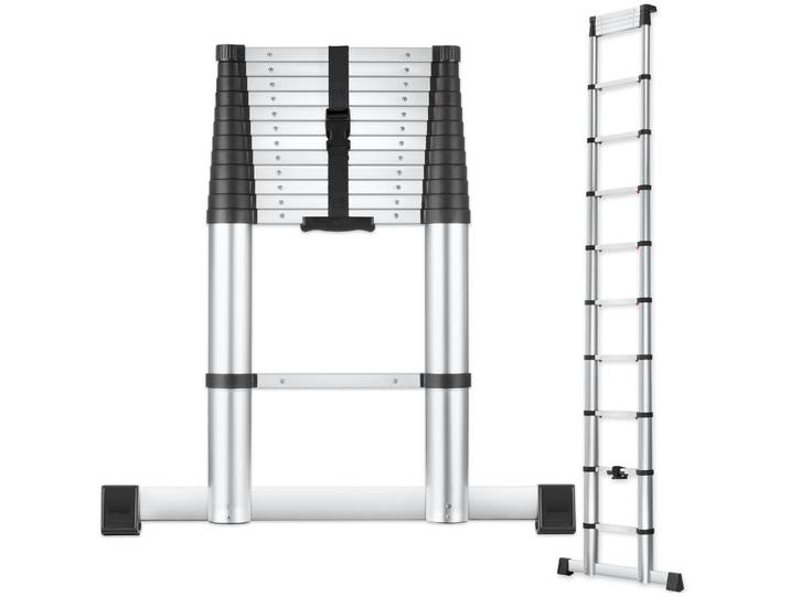 Teleskopleiter 13-stufig 3,85m, Soft Close, rutschfeste Füsse - silber
