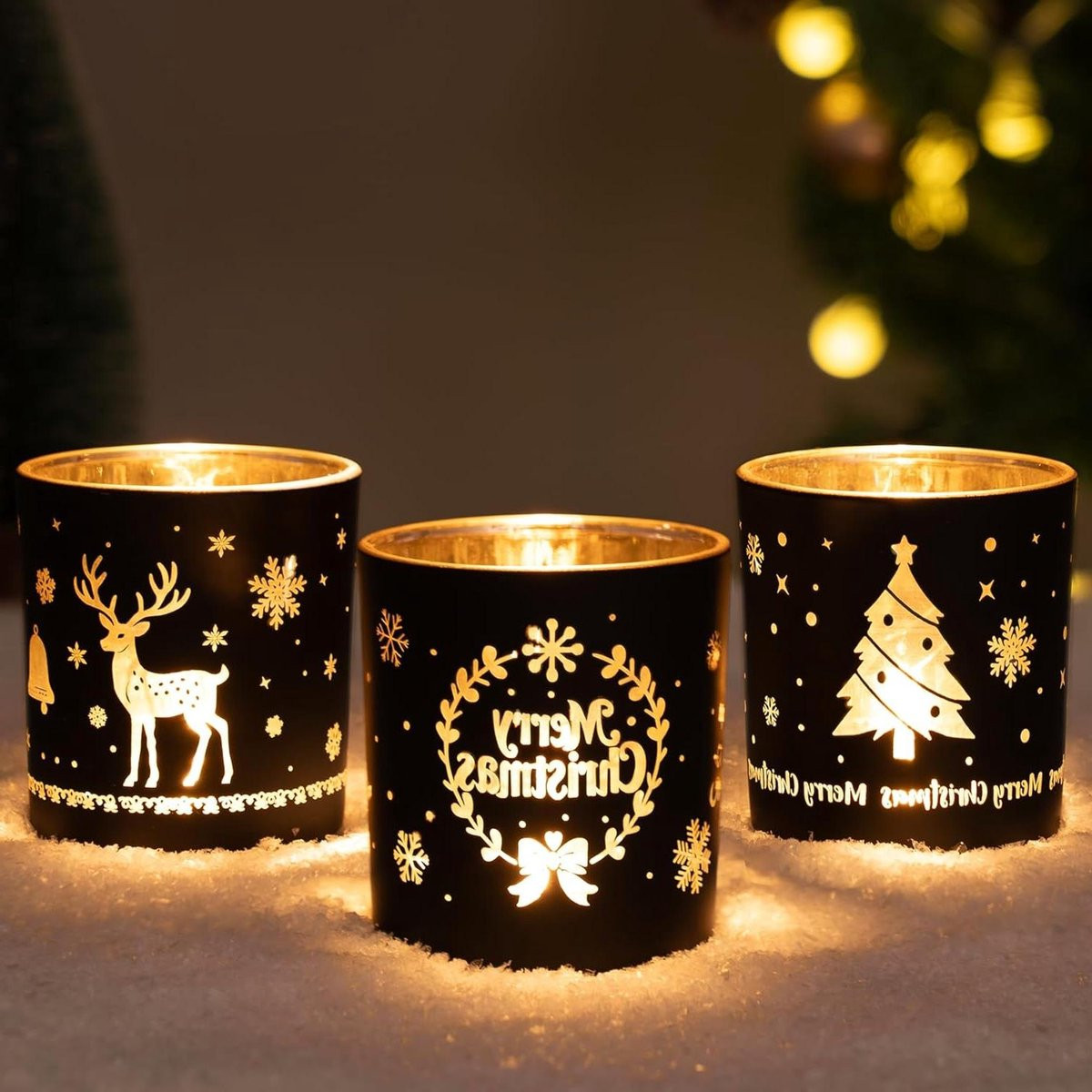 Set van 3 luxe zwart-gouden kerst theelichthouders voor feestelijke decoratie
