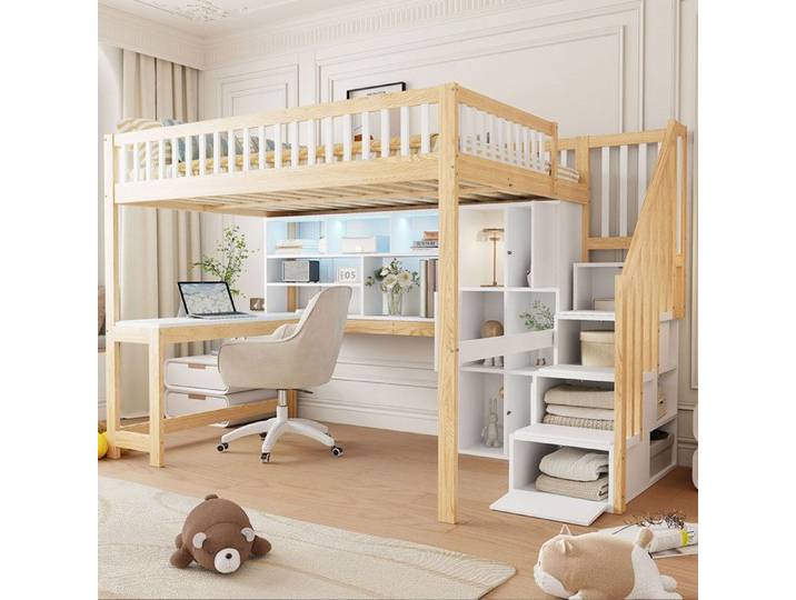 WUVRIE Lit mezzanine 140 x 200 cm avec bureau LED escalier de rangement étagères blanc et naturel