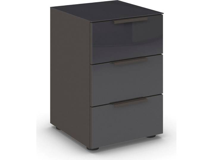 Nachtkommode RAUCH Nachttisch Nachtschrank Nachtkonsole FLIPP mit Glasfront , grau (graphit, glas basalt), B:40cm H:60cm T:42cm, Holzwerkstoff, Sideboards, mit 3 Schubladen und Soft-Close-Funktion, Oberboden und Front Glas