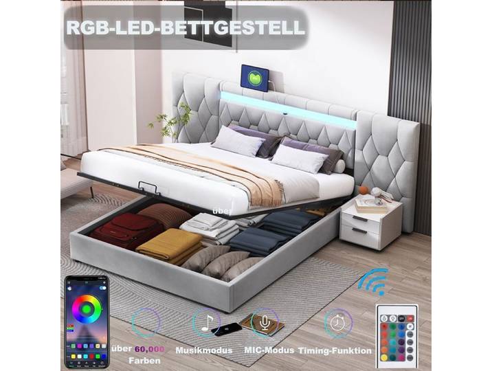 Lit coffre 180x200 cm - AUTREMENT - Rembourré - Dossier LED - Ports USB - Gris
