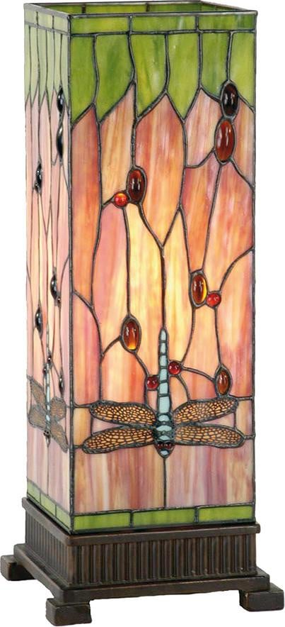 Clayre & Eef Tiffany tafellamp met libellemotief, roodgroen glas, B/D/H: 18 x 18 x 45 cm