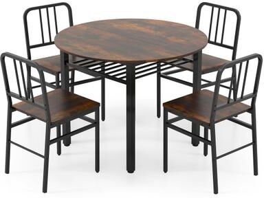 Costway 5-Piece Round Dining Table Set with Storage Shelf for Dining Room-Rustic Brown