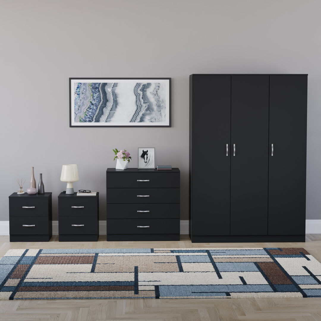 17 Stories Tayce 4 Piece Bedroom Set (2 Drawer Bedside Chest X2, 4 Drawer Chest, 3 Door Wardrobe) Black