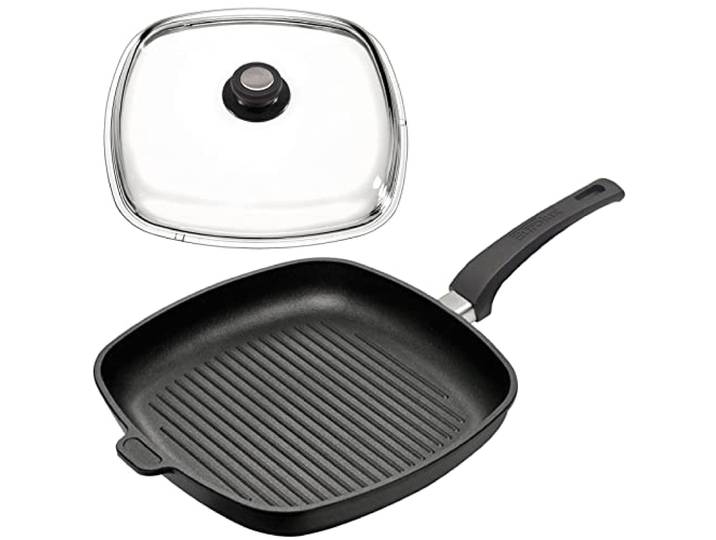 Eurolux große Eck-Grillpfanne 28x28 cm Set mit Deckel - 4.5 cm flache quadratische Guss-Pfanne mit Antihaft-Beschichtung - ohne Induktion - Made in Germany