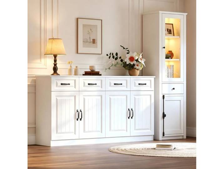 Ensemble buffet et vitrine blanc 2 pièces en MDF 4 tiroirs 6 portes vitrine compatible LED USB