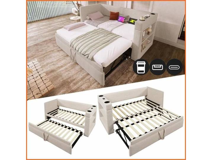 Lit de jour canapé-lit 90x190 cm - Lit tirant USB/Type-C supports à boissons - Tissu lin-coton beige sans matelas