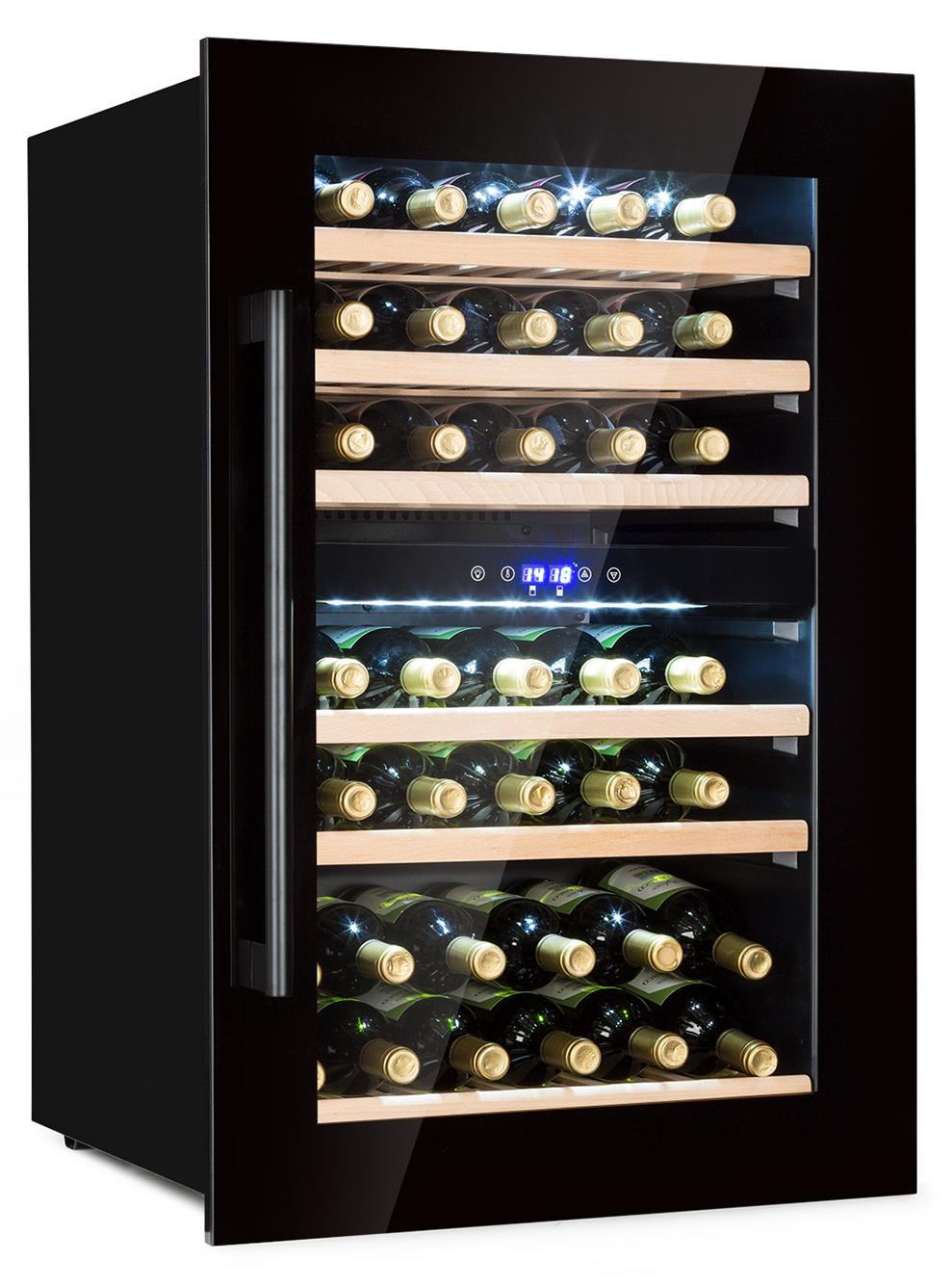 Klarstein Weinkühlschrank 2 Zonen, 132L Getränkekühlschrank, Kleiner Einbau-Weinschrank Schmal, Wein-Kühlschrank mit Glastür, Outdoor Flaschenkühlschrank, Wine Fridge 5-22°C, 41 Flaschen
