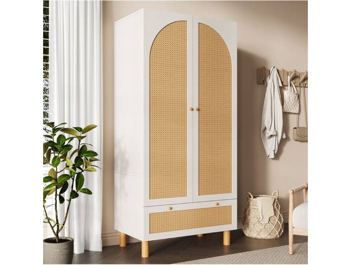 Armoire de chambre 2 portes 1 tiroir blanc décor cannage avec tringle et étagères réglables 85 5x52x180 5 cm ORVRYN