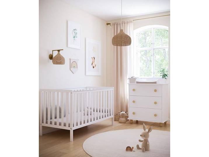 zee Babybett Bambi Weiß 140x70 cm Klassisches Gitterbett 3 Fach Höhenverstellbar Beißschutz Baby Kinderbett Kinderzimmer