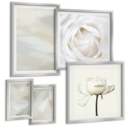 BILDER SET 5er Set - 50x50 cm & 20x30 cm & 40x60 cm Silberner Rahmen - Abstrakter Hintergrund mit feinen Strichen