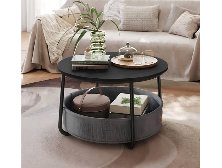 VASAGLE Couchtisch rund, Wohnzimmertisch mit Korb aus Stoff, modern, schwarz