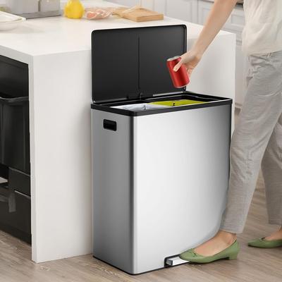 YUN Dual Compartment Stainless Steel Trash Can, Soft Close Lid, Inner Buckets & Foot Pedal