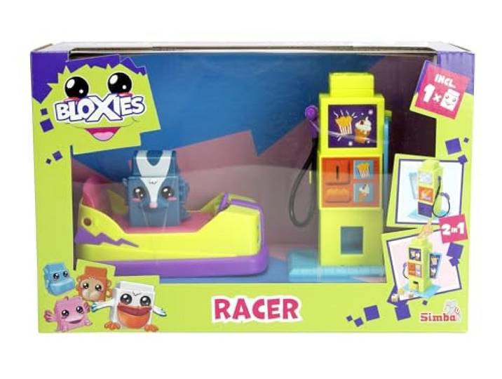 Simba 105952629 – Bloxies Fahrzeug Spielset, mit Press and Go Funktion, 12cm, 2-in-1 Ladestation und Snack Automat, 1 Bloxie-Figur, ab 3 Jahren