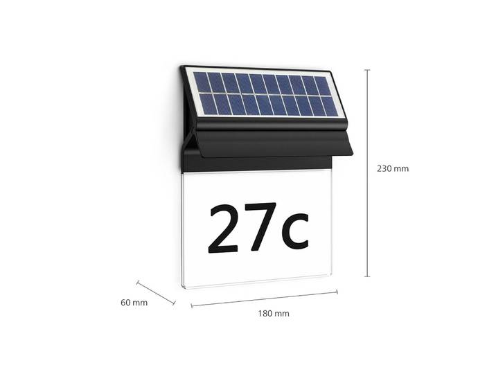 Philips LED-zonne-energie-huisnummer-wandlamp Enkara, zwart, Kunststof, Modern, solar buitenlamp