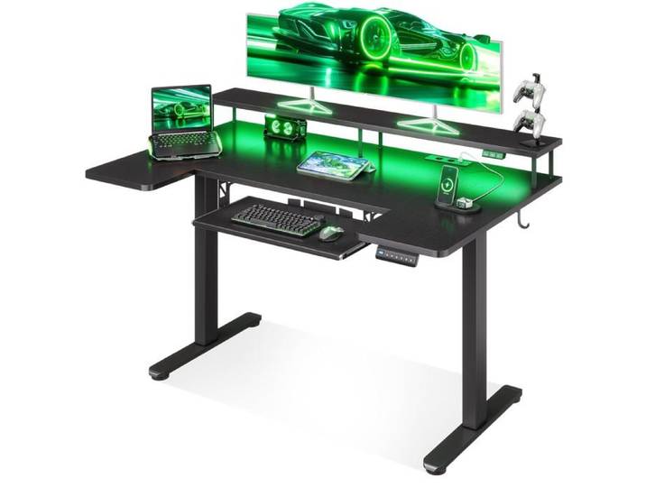 Bureau gaming électrique hauteur réglable 120x74 cm - support écran intégré tiroir clavier et éclairage LED RGB - noir