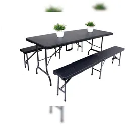 DELUKE Bierzeltgarnitur RITA 3-teilig Tisch & 2x Bank Schwarz Kunststoff Buffettisch Gartengarnitur Klapptisch Klappbank Gartentisch