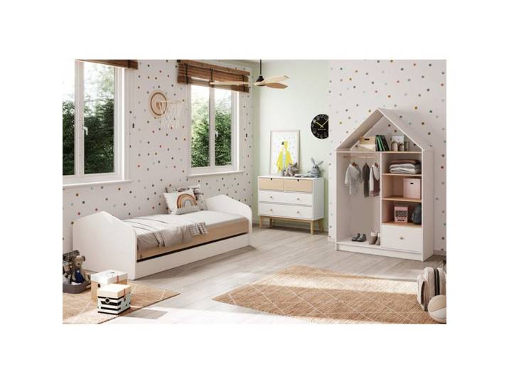KAINA - Chambre 90x200cm avec Commode 4T et Dressing Cabane Coloris Blanc et Naturel
