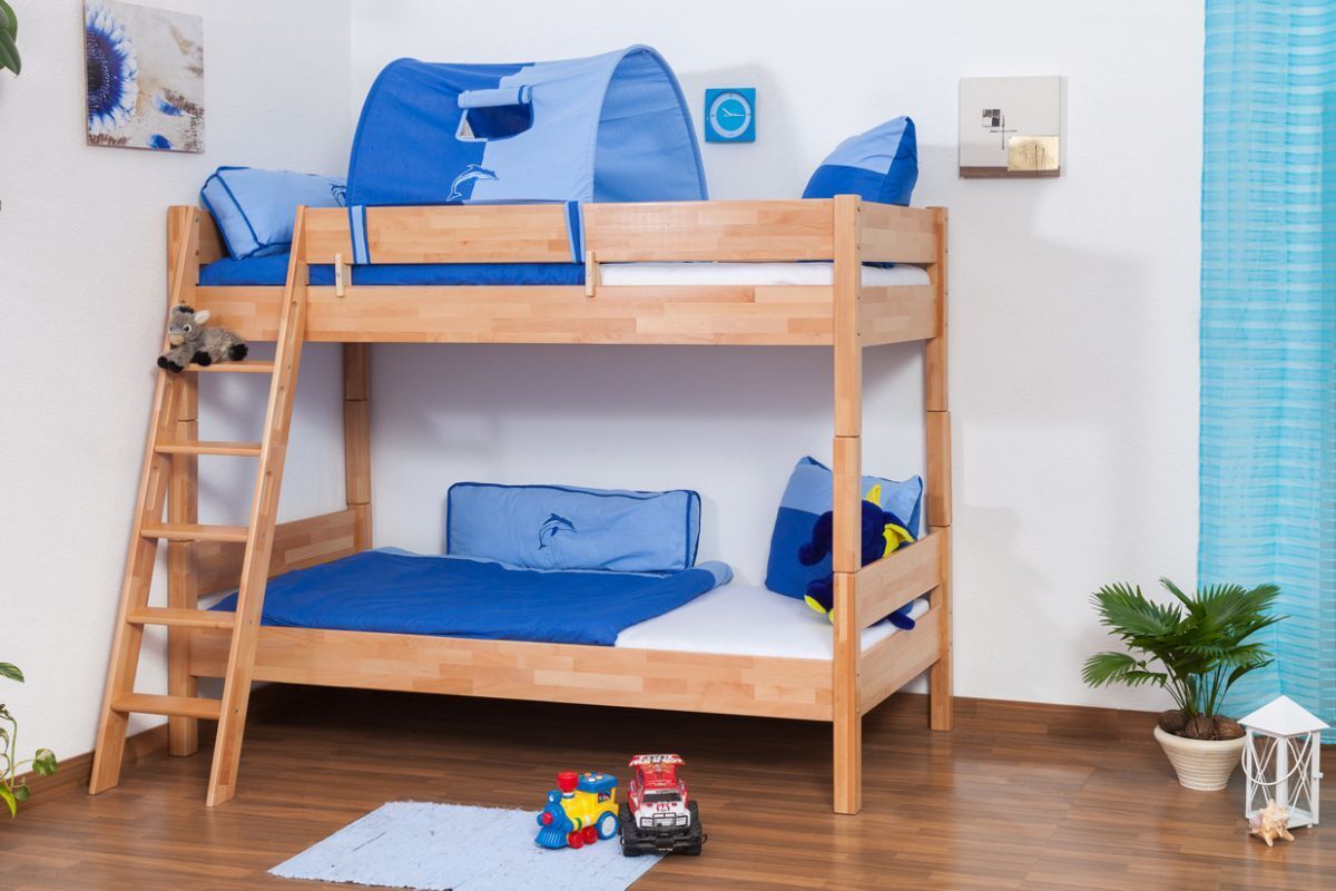 Kinderbett Etagenbett Martin Buche Vollholz natur massiv inkl. Rollrost - 90 x 200 cm, teilbar
