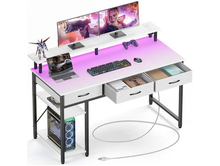 Bureau avec Rangement 137 cm - Table Ado avec 3 Tiroirs LED RGB et Prises de Courant - Bureaux pour Ordinateur à Domicile Blanc