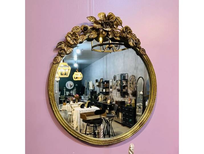 Miroir mural rond rétro en fer, décor de rose, vintage européen