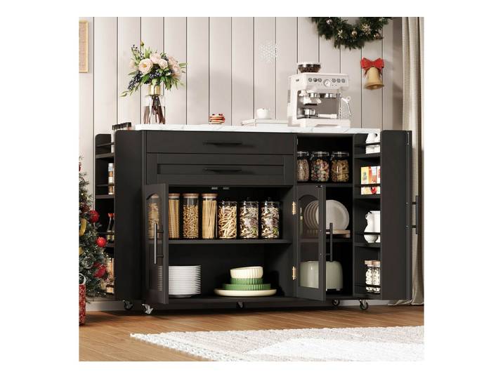 Ulife Kücheninsel 120 x 45 (70) x 90 cm, mit klappbarem Arbeitsbereich, Küchenwagen, Schwarz, mehreren Aufbewahrungslösungen, Gewürzregal, Besteckschublade