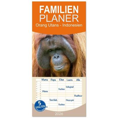 Familienplaner 2026 - Orang Utans - Indonesien mit 5 Spalten (Wandkalender, 21 x 45 cm) CALVENDO